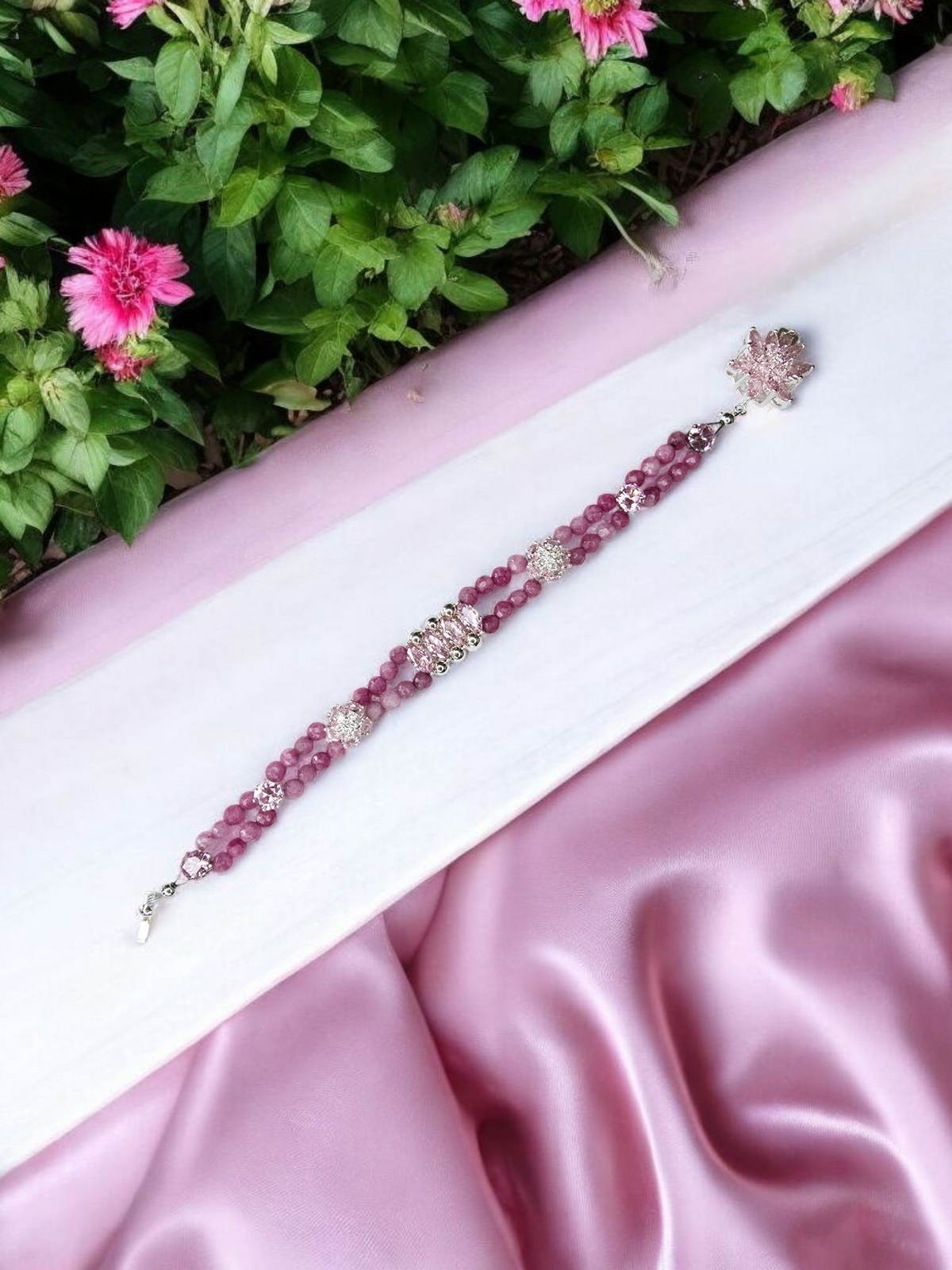Beautiful pink tourmaline with pink rhinestone and flower spacers
