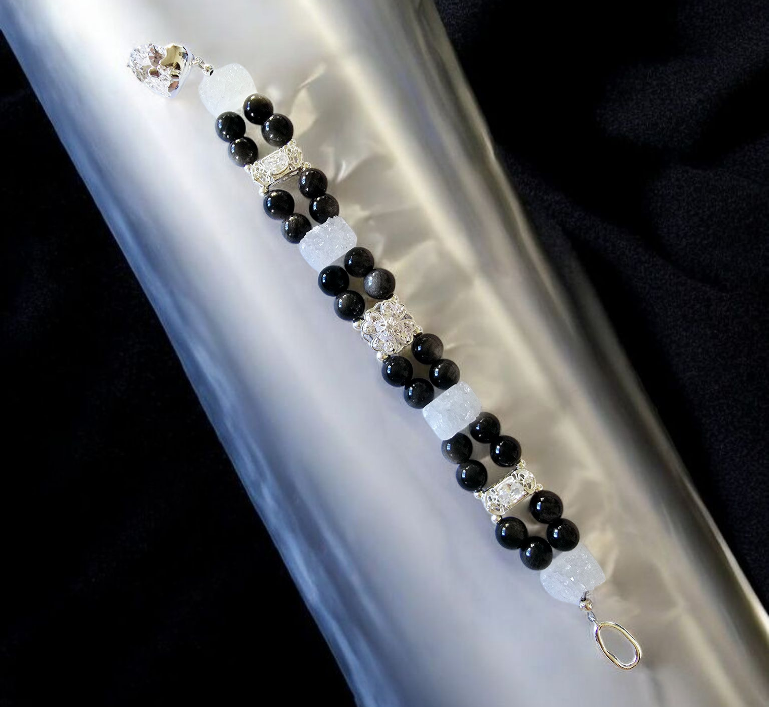 Stunning 7A grade Silver obsidian with one of a kind druzy pieces and S925 spacers