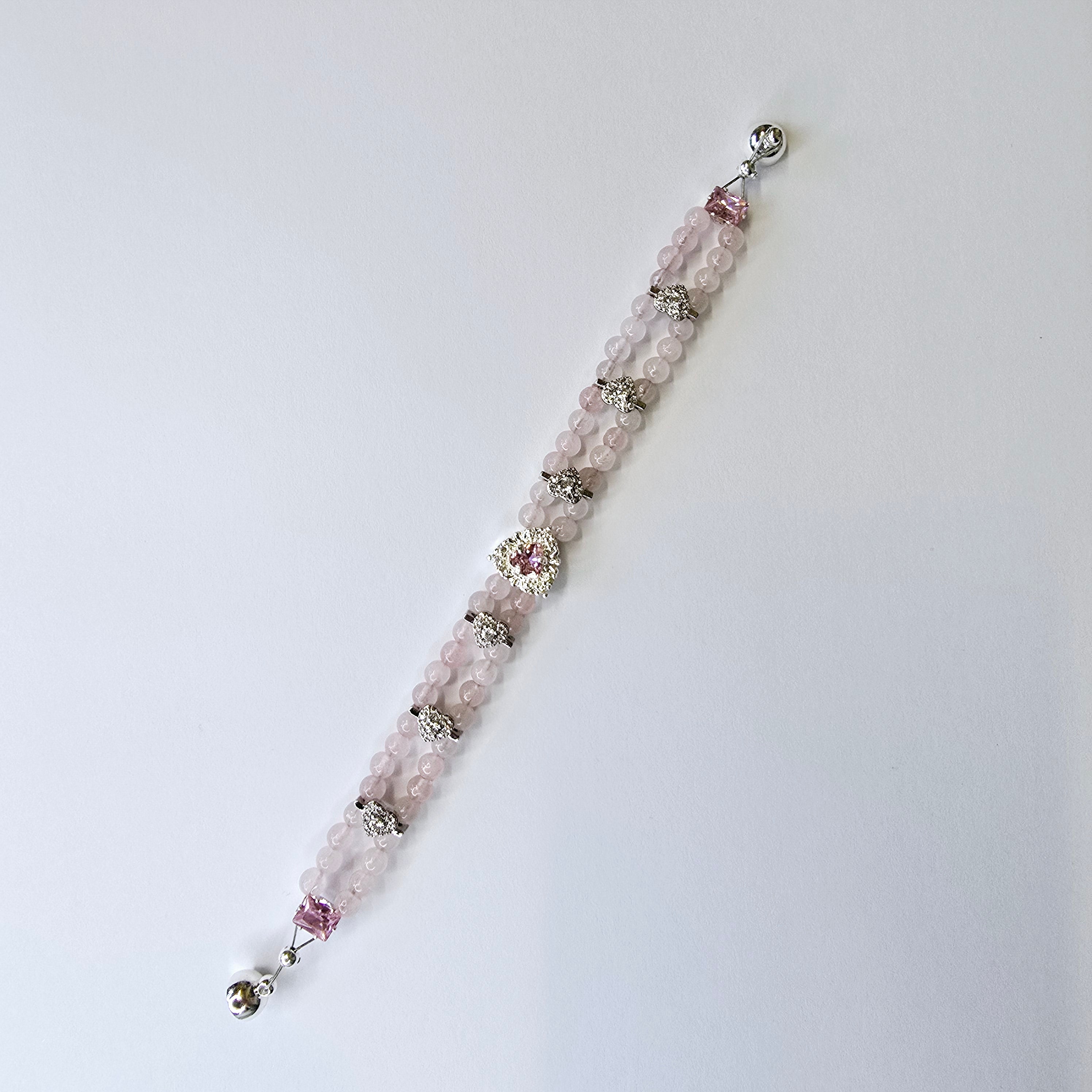 Rose Quartz bracelet with heart spacers and pink rhinestones