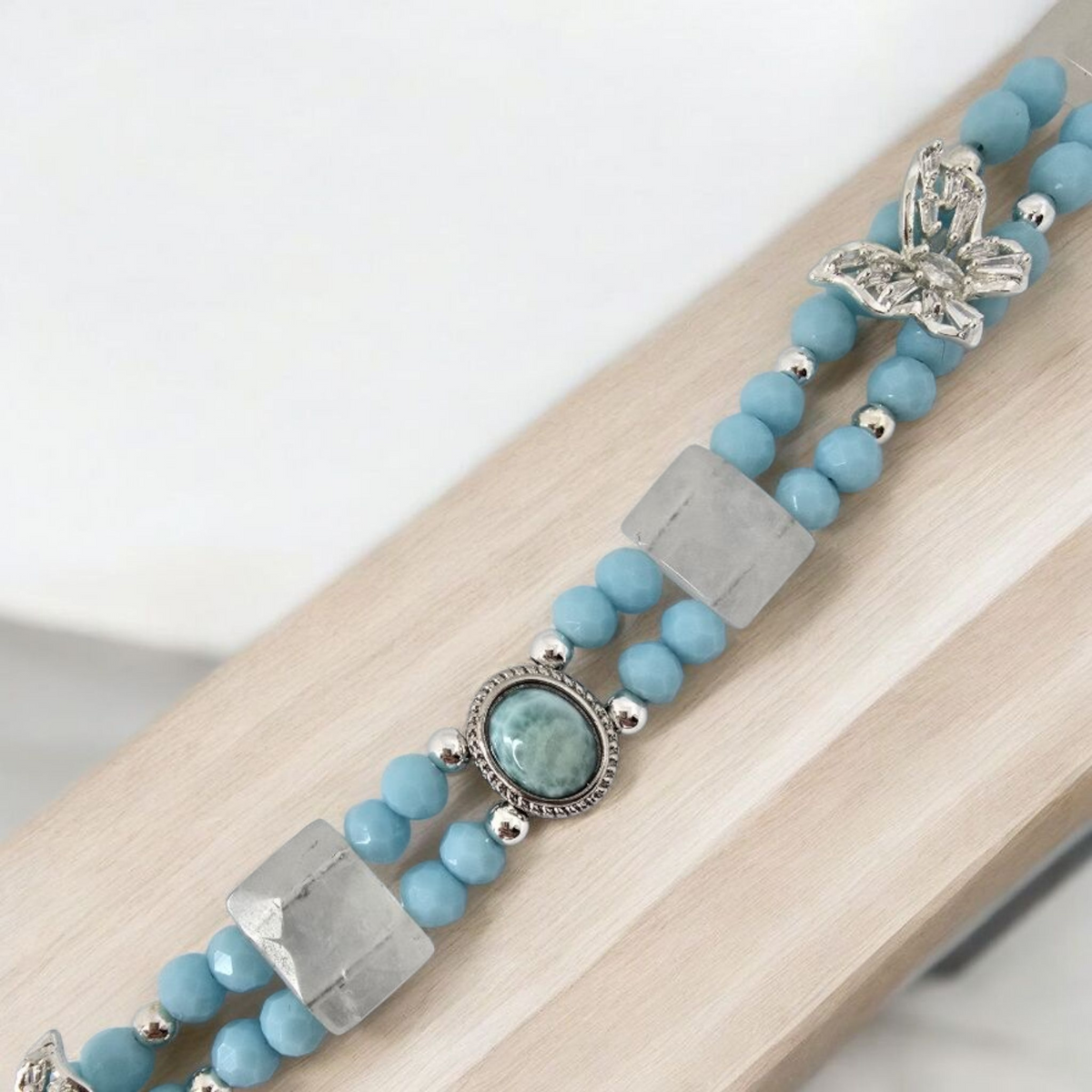 Beautiful Blue Glass Beaded Bracelet with Clear Quartz Squares and Larimar Spacer