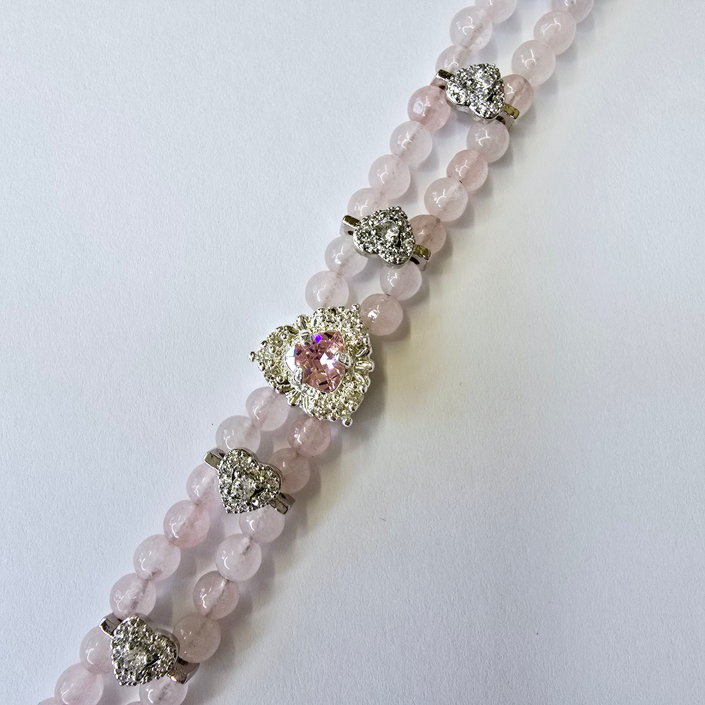 Rose Quartz bracelet with heart spacers and pink rhinestones