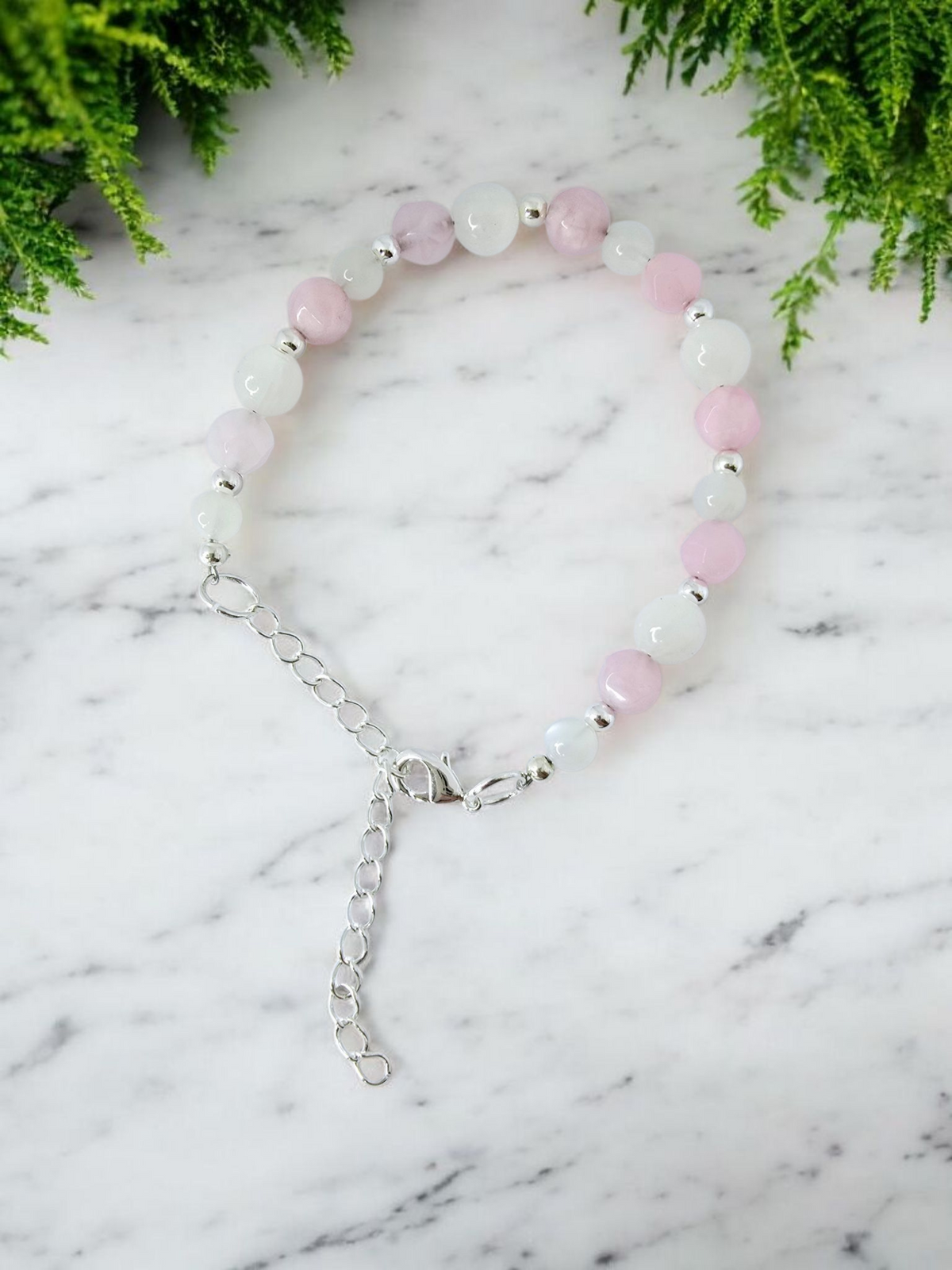 Pink Morginite and White Moonstone Bracelet with Extender Chain